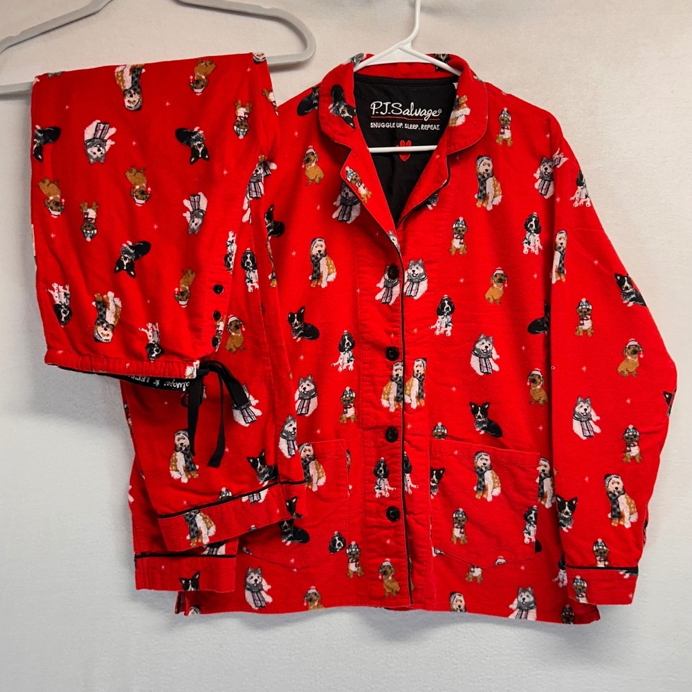 PJ Salvage Pajama Set Women L Flannel Cotton Dog Print Holiday Winter Cozy